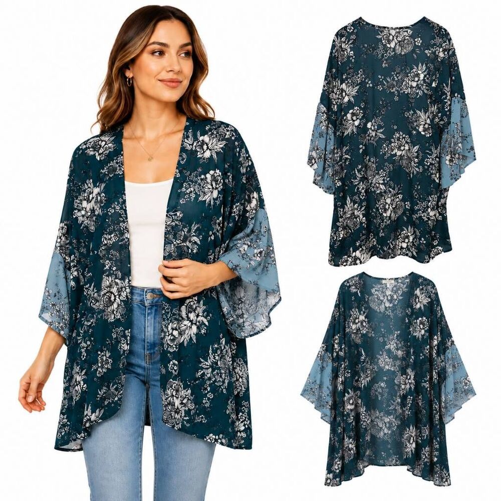 Maurices XL Teal Floral Bell Sleeve Kimono Cardigan